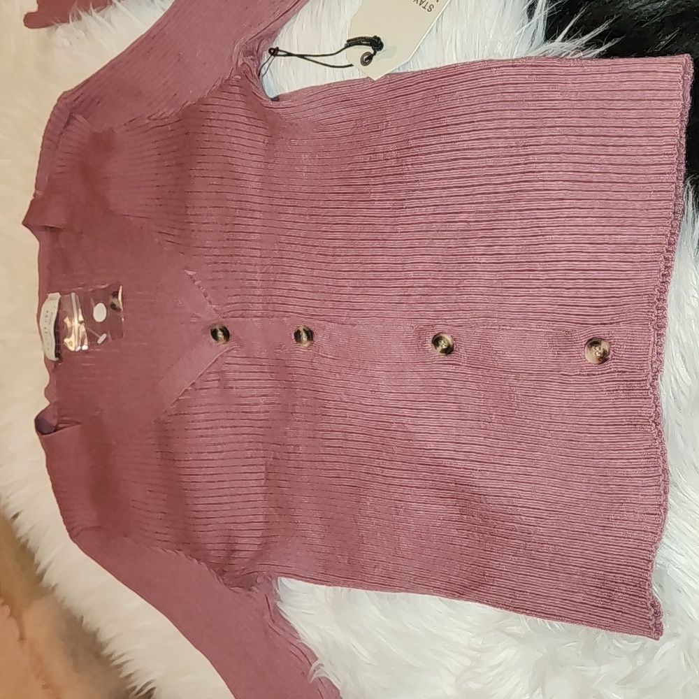New Active USA Mauve Ribbed Cardigan Sweater, NWT Medium